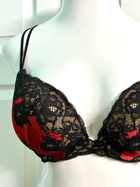 VTG VICTORIA'S SECRET Red/Black Lace Plunging Padded Push Up Underwire Bra 36DD